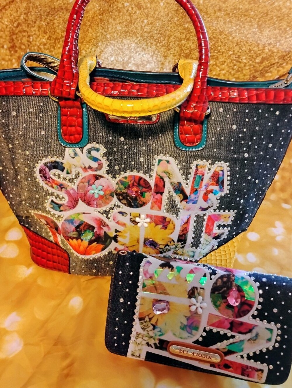 NWOT: Never Used. Nicole Lee Multi-Color Denim & Floral Appliqué Tote/Wristlet.